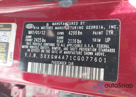 2012 Kia Optima Lx from USA, damaged, VIN 5XXGM4A71CG077601